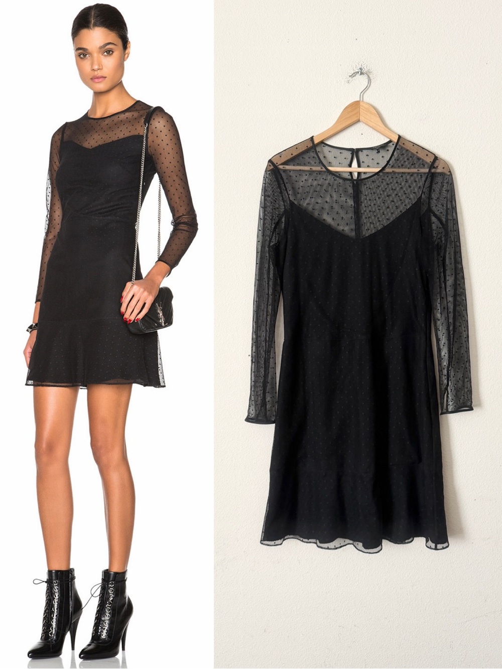 Rag & Bone SIZE 12 Charlotte mesh polka dot long sleeve mini dress in black